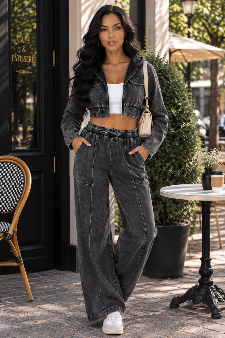 Mineral Wash Two Piece Set – Hooded Crop Jacket & Wide Leg Pants