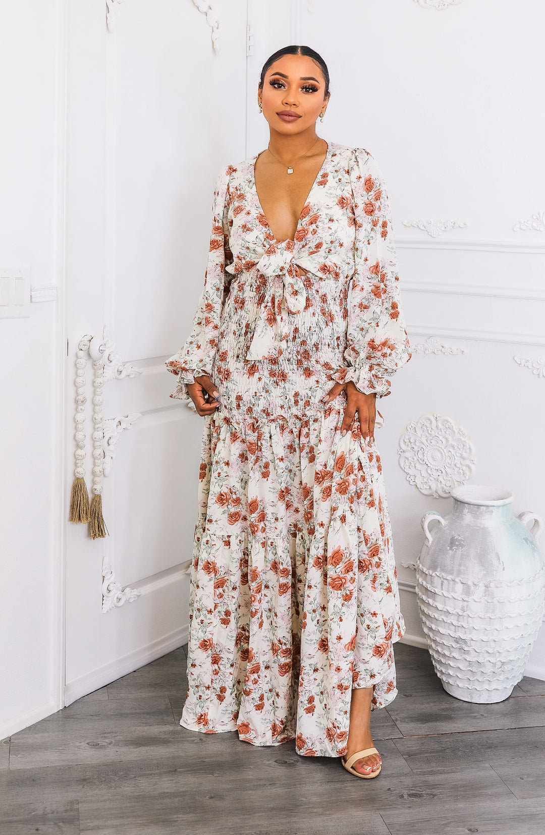 Floral Tie-Front Maxi Dress with Smocked Waist