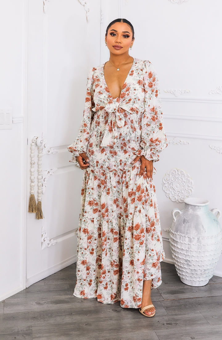 Floral Tie-Front Maxi Dress with Smocked Waist