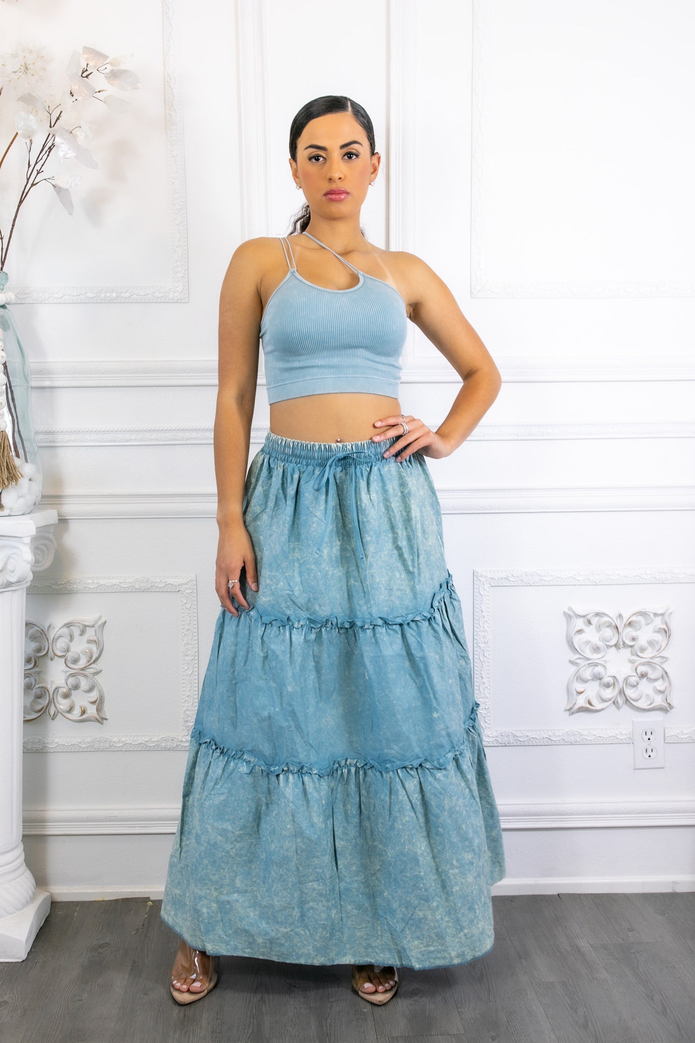 Woven Vintage Washed Maxi Skirt With Ribbed Double Strap Set