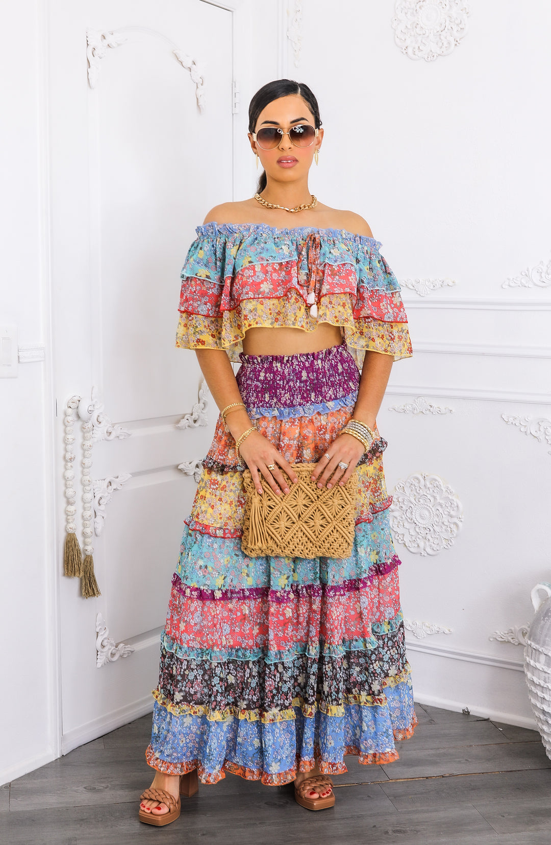 Boho Floral Ruffle Crop Top & Maxi Skirt Set