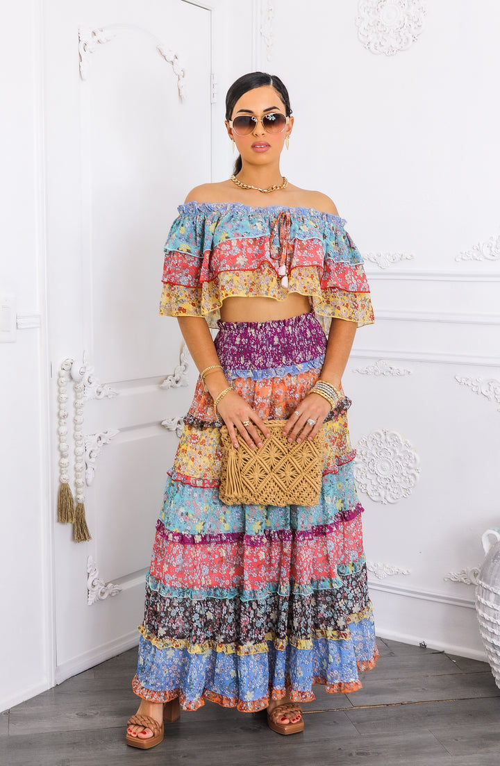 Boho Floral Ruffle Crop Top & Maxi Skirt Set