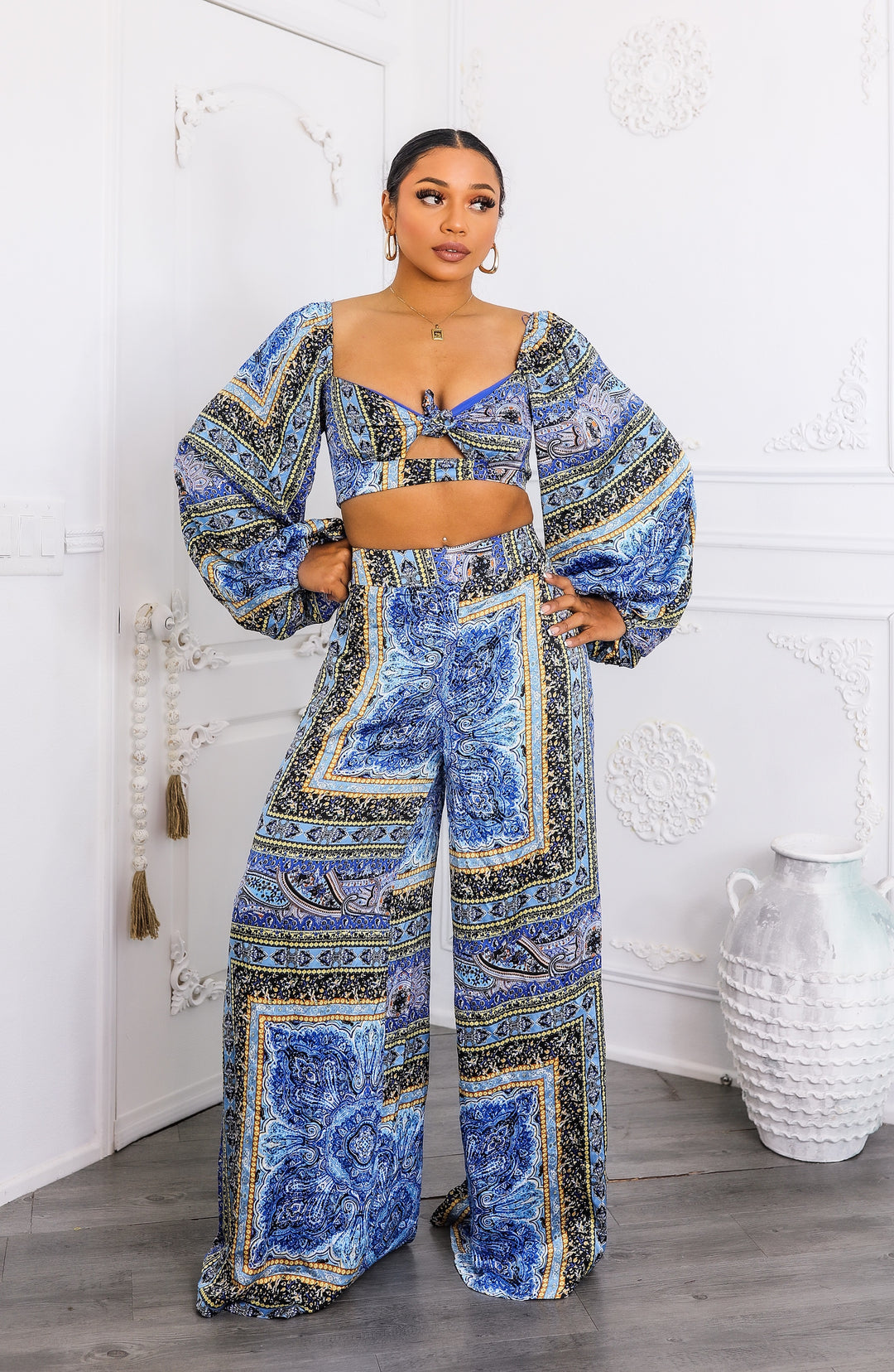 Bold Baroque Print Two-Piece Set – Tie Front Crop & Wide Pants