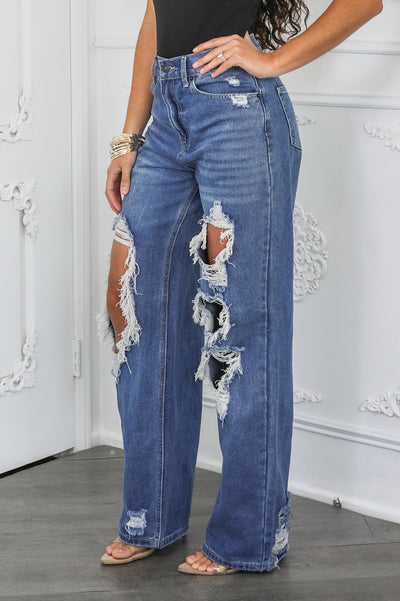 Sweet Talker Ripped Hi Rise Relaxed Wide Leg Skater Look Jeans