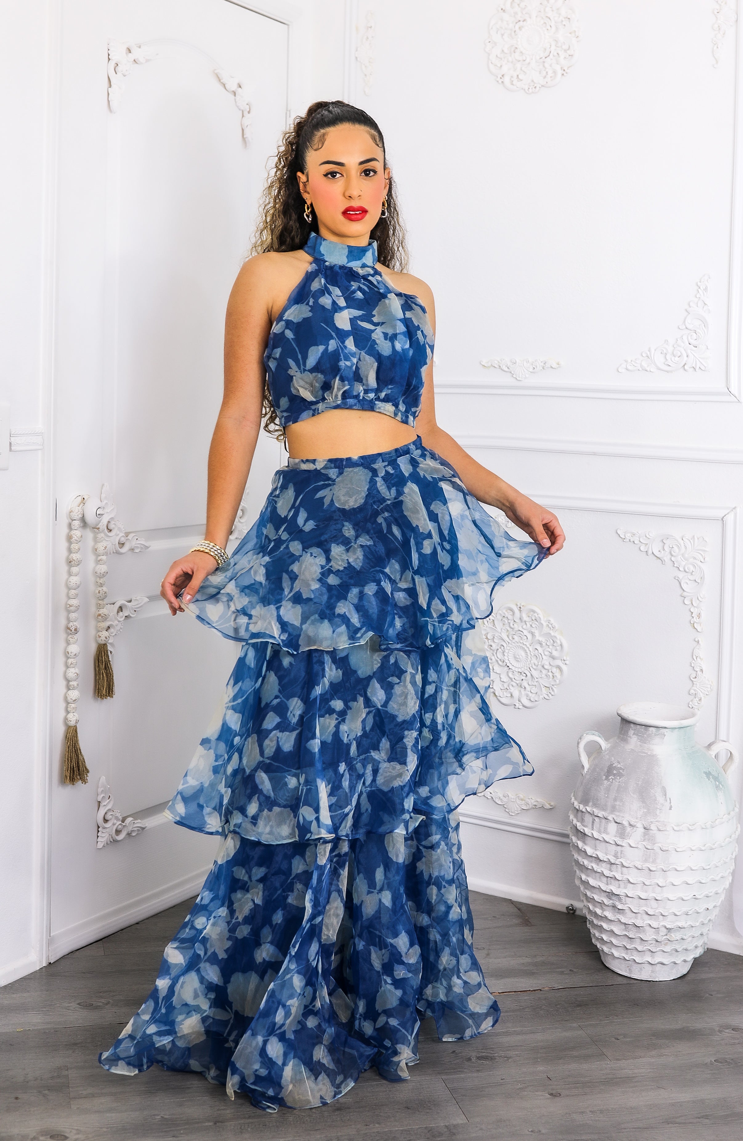 Blue Tiered Ruffle Two-Piece Set – Halter Crop Top & Maxi Skirt