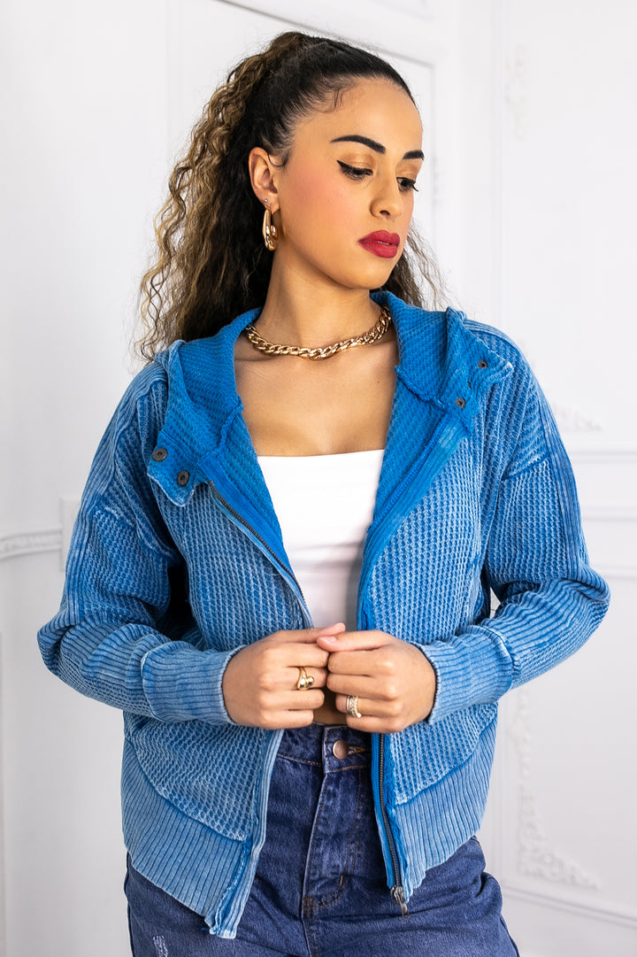 Mineral Wash Waffle Knit Zip Hoodie (3 Colors)