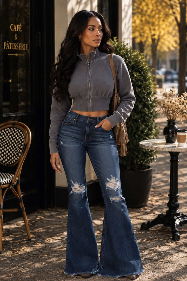Cropped Mock Neck Zip-Up Jacket – Charcoal Gray Athleisure Set Top