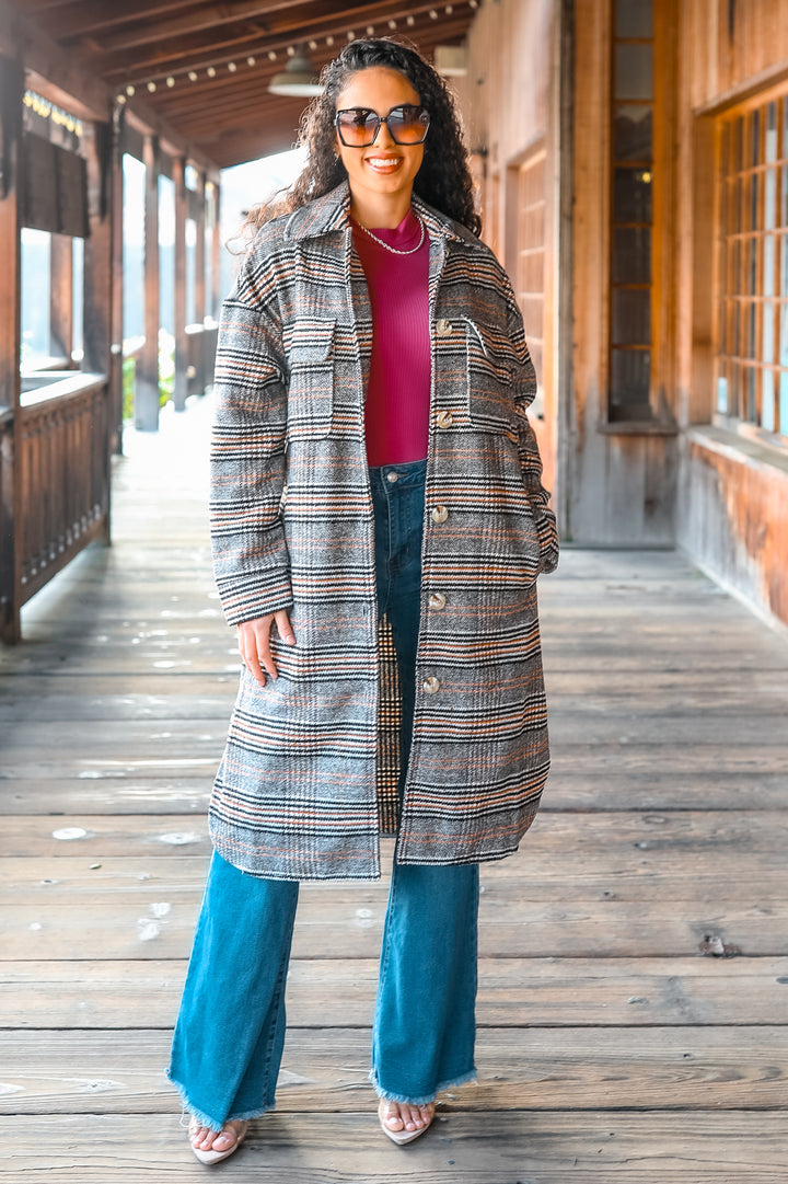 Grey Plaid Long Shacket – Oversized Button Down Coat for Women