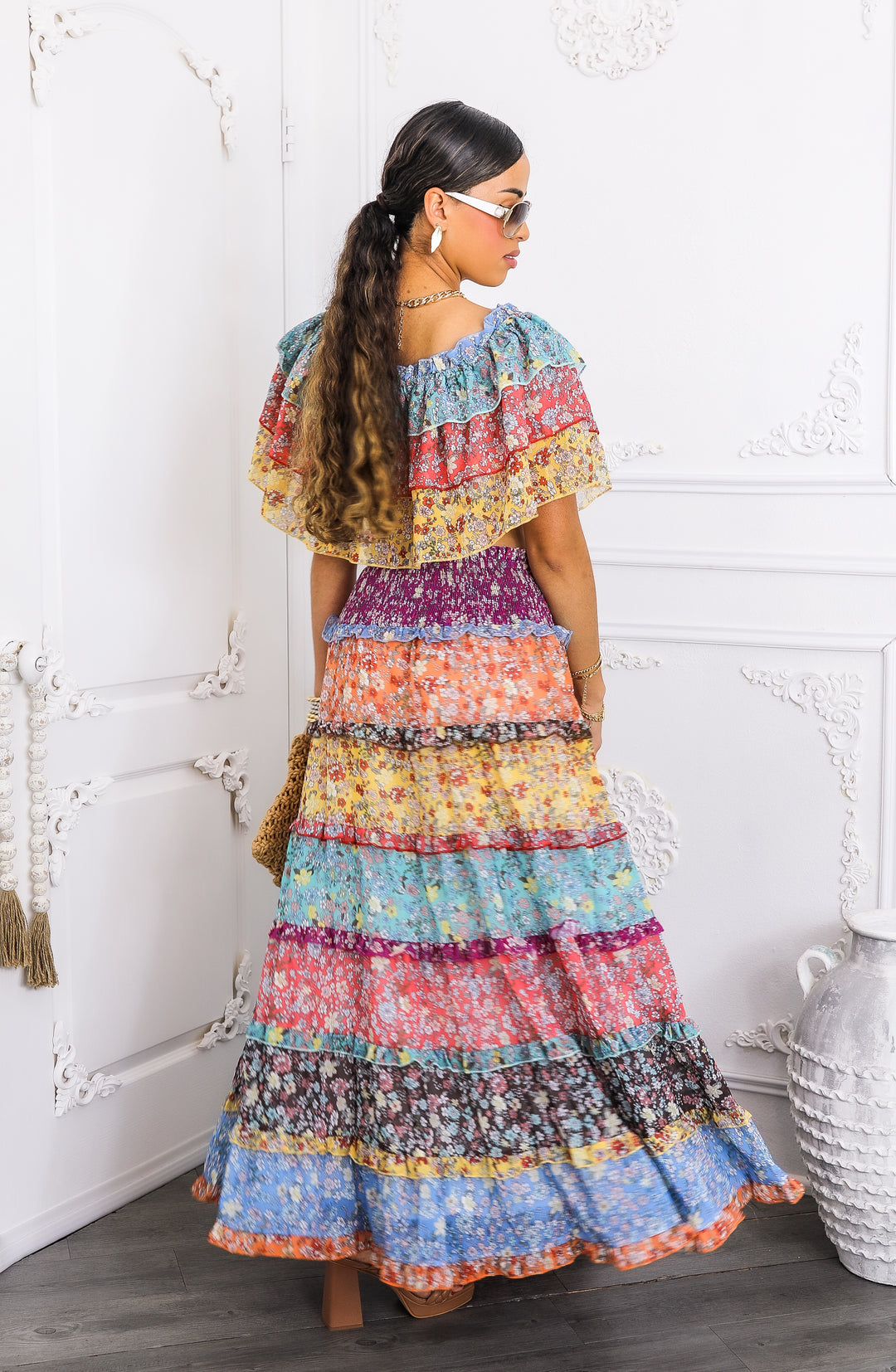 Boho Floral Ruffle Crop Top & Maxi Skirt Set
