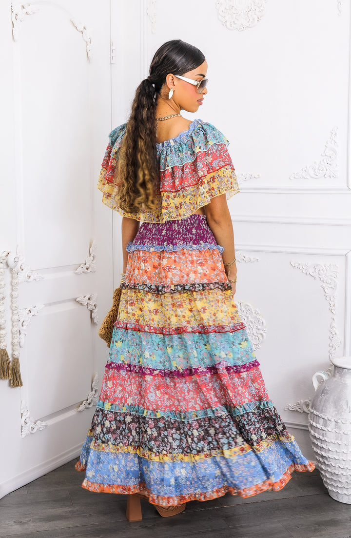 Boho Floral Ruffle Crop Top & Maxi Skirt Set