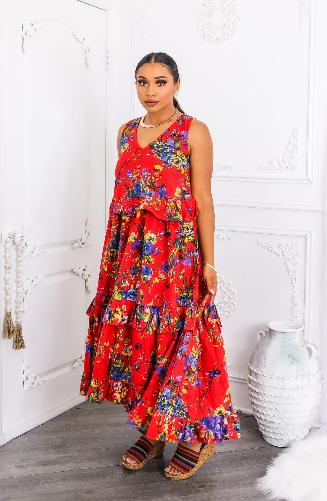 Red Floral Tiered Ruffle Maxi Dress with Pockets
