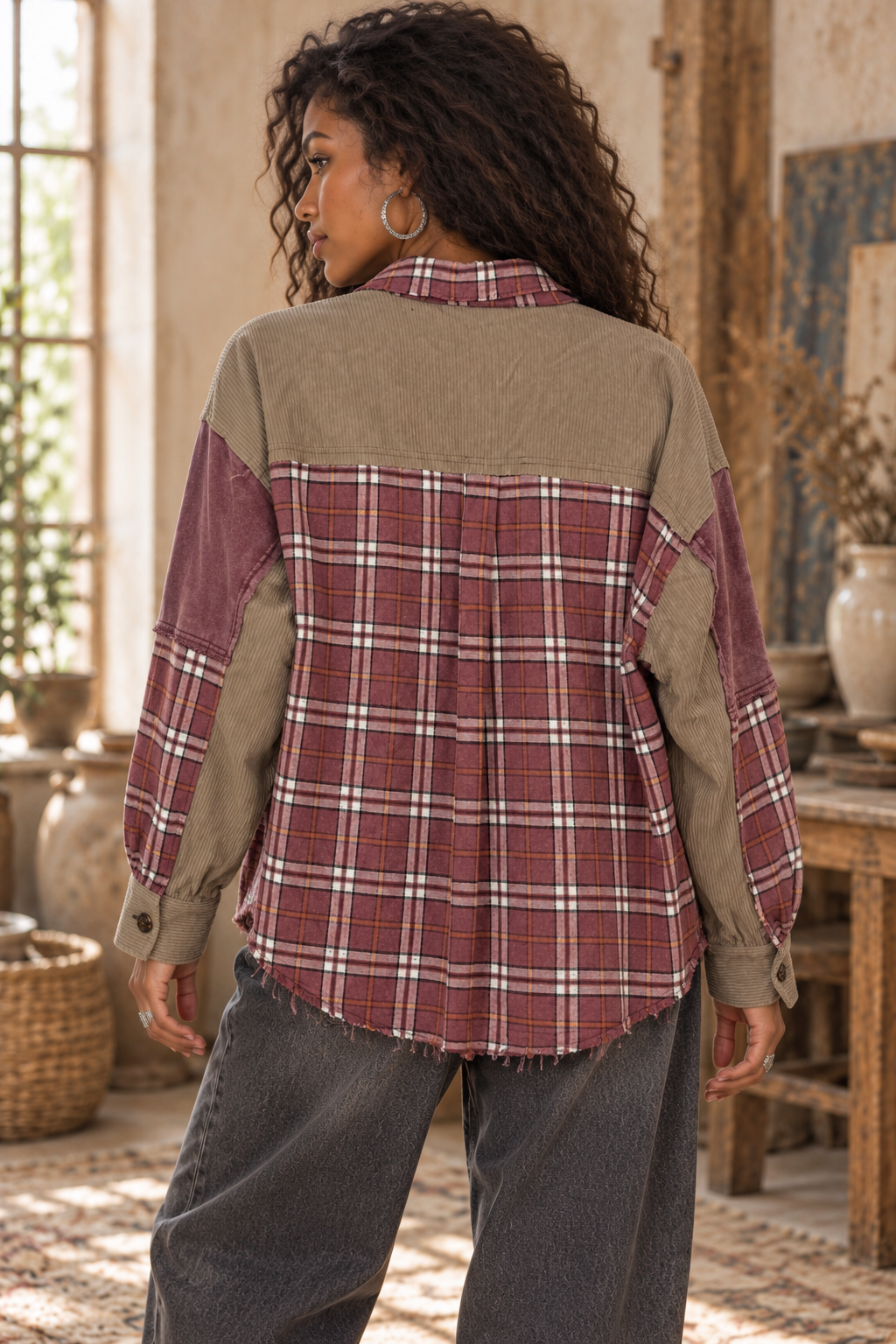 Deep Wine Plaid Patchwork Shirt Jacket – Distressed Flannel Corduroy Overshirt