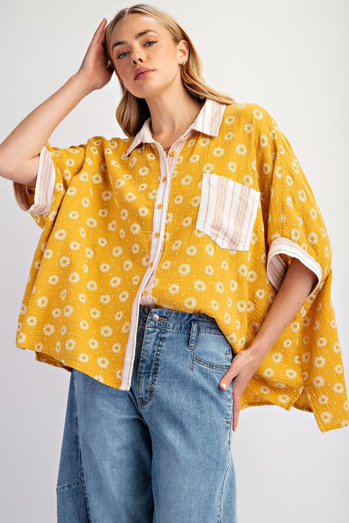Sunny Vintage Relaxed Boho Button Down Blouse Top