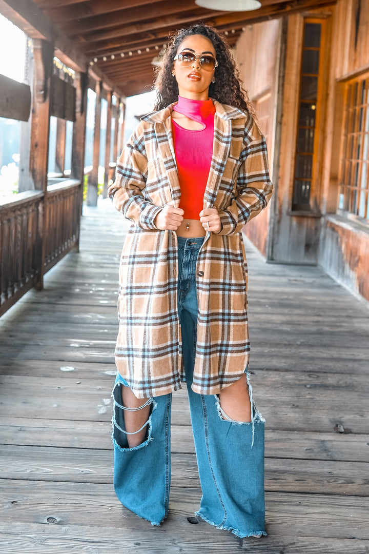 Camel Plaid Long Shacket – Oversized Button Down Coat for Women