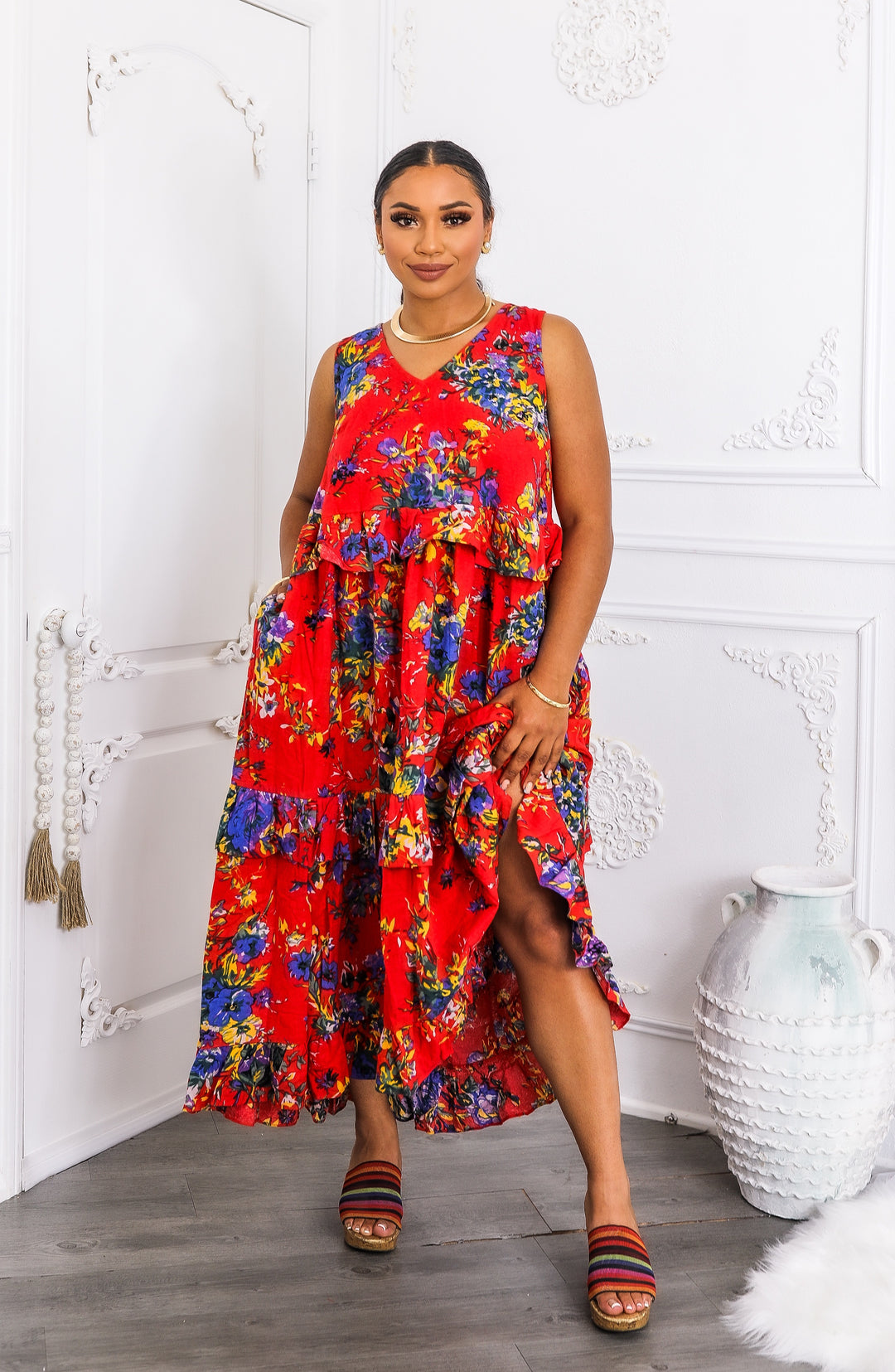 Red Floral Tiered Ruffle Maxi Dress with Pockets