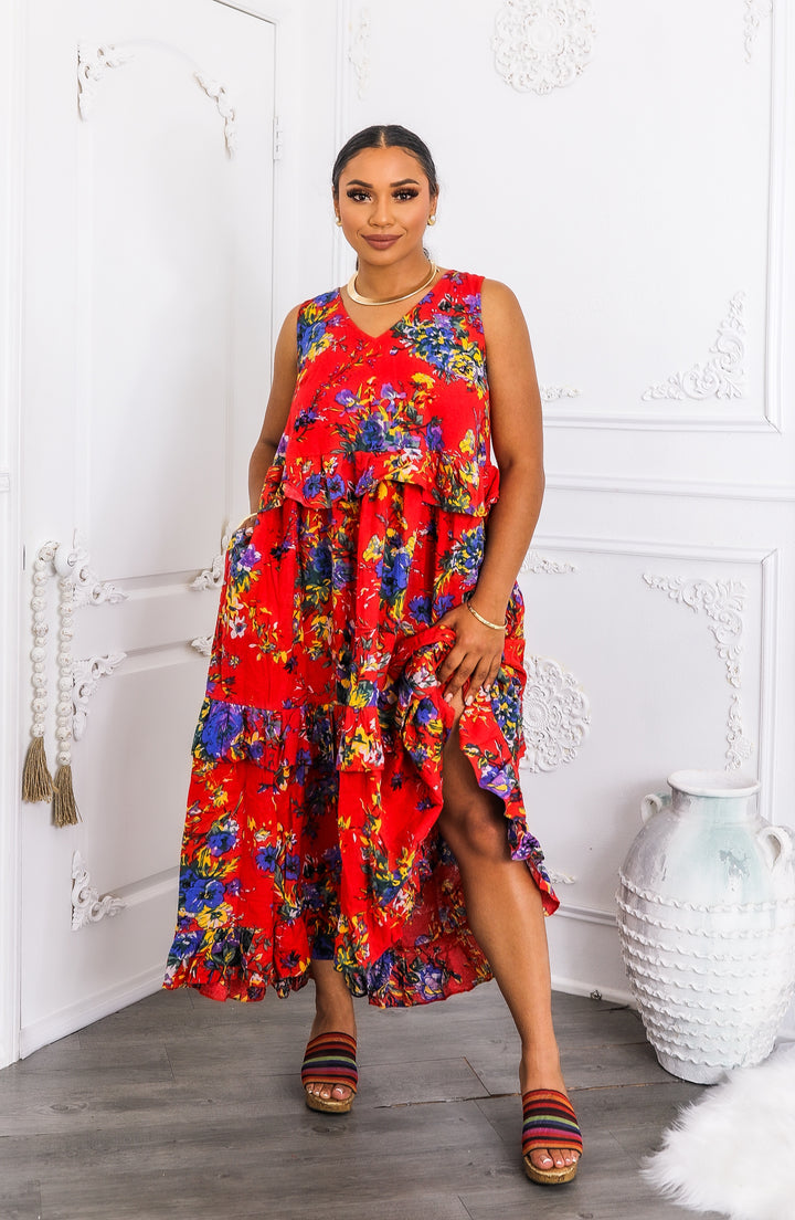 Red Floral Tiered Ruffle Maxi Dress with Pockets