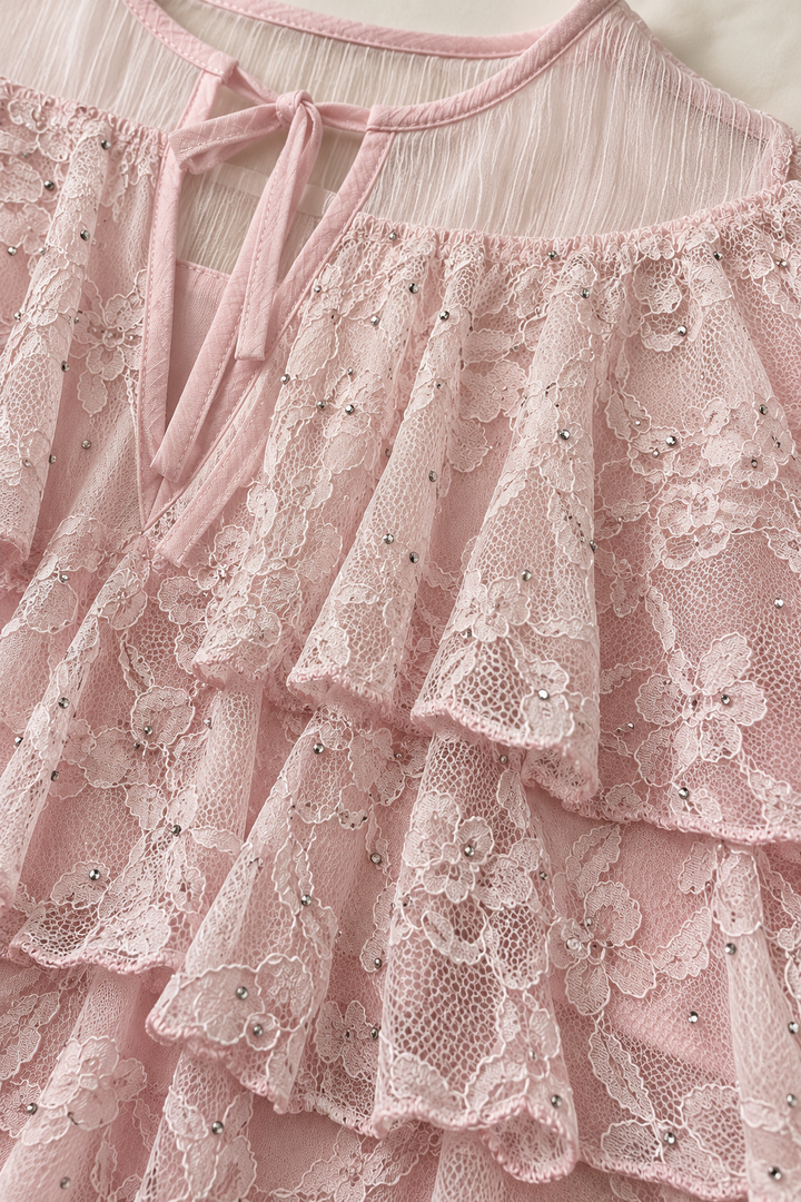 Tiered Lace Ruffle Blouse – Blush Pink Sheer Yoke Long Bell Sleeve Boho Top
