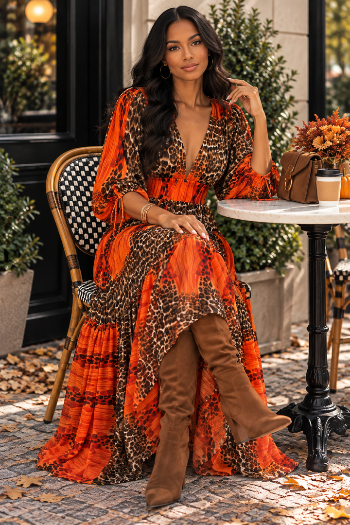 Rust Animal Print Dolman Sleeve Maxi Dress | Convertible Long-to-Sleeveless Tiered Dress