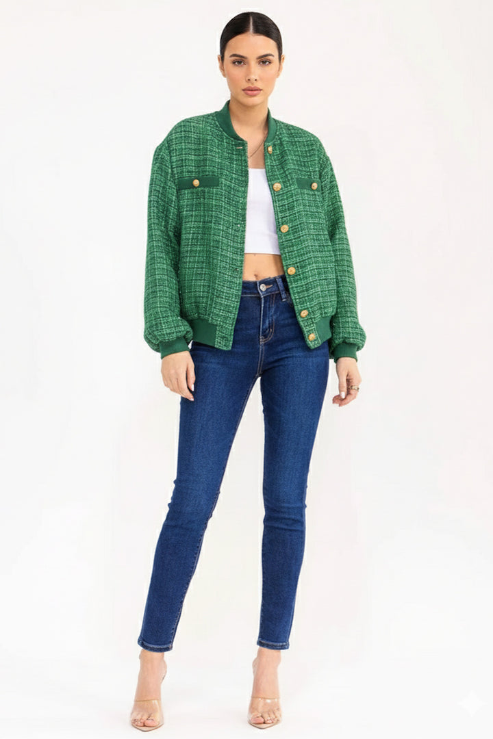 LONG SLEEVE BUTTON CLOSURE POCKETS TWEED SHIMMER JACKET