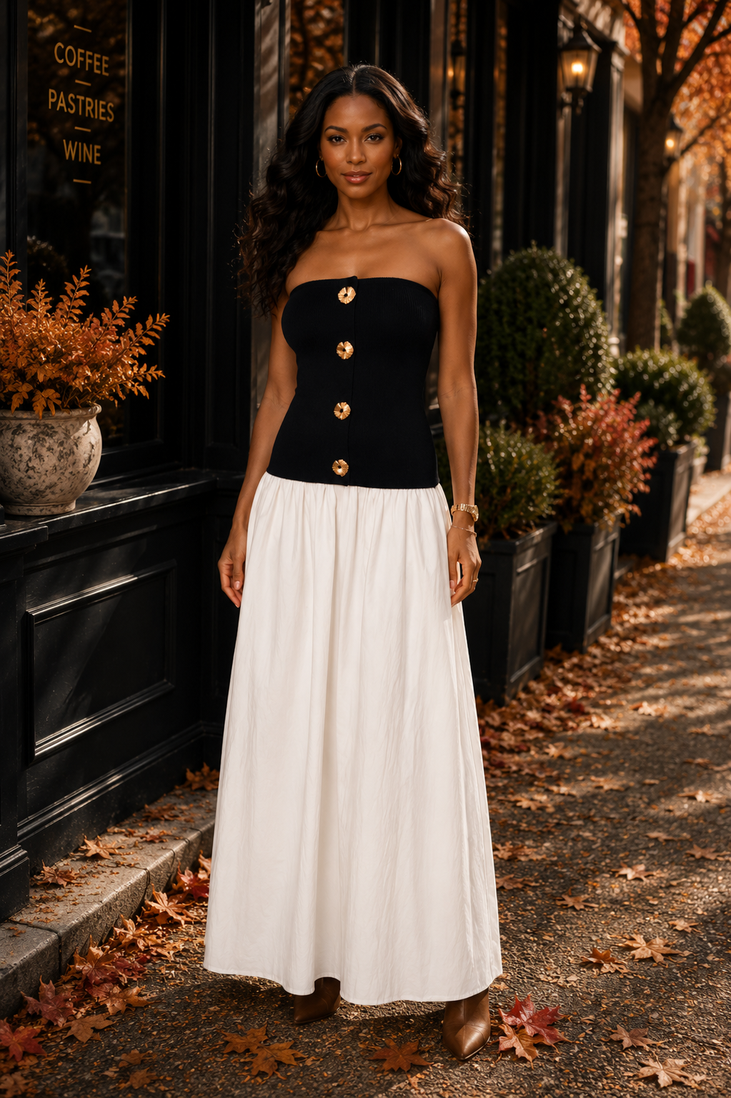 Strapless Button-Front Color Block Maxi Dress