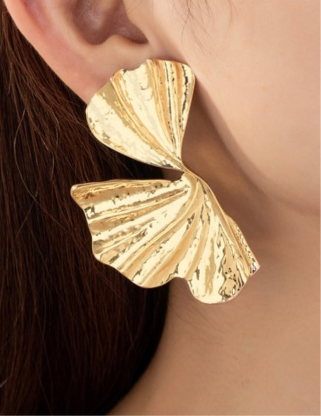 Bold Textured Twisted Fan Leaf Statement Earrings - Gold