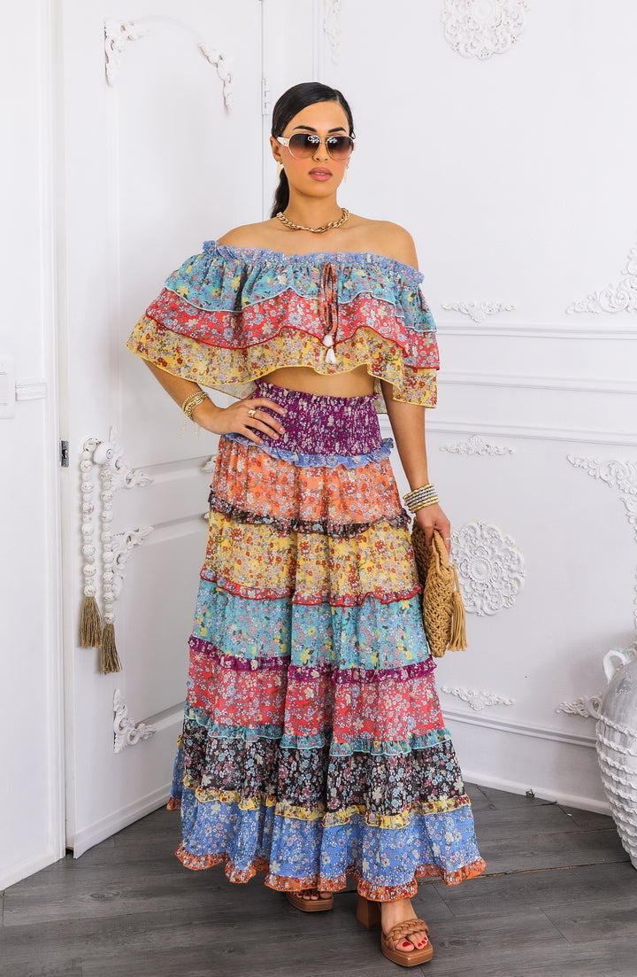 Boho Floral Ruffle Crop Top & Maxi Skirt Set