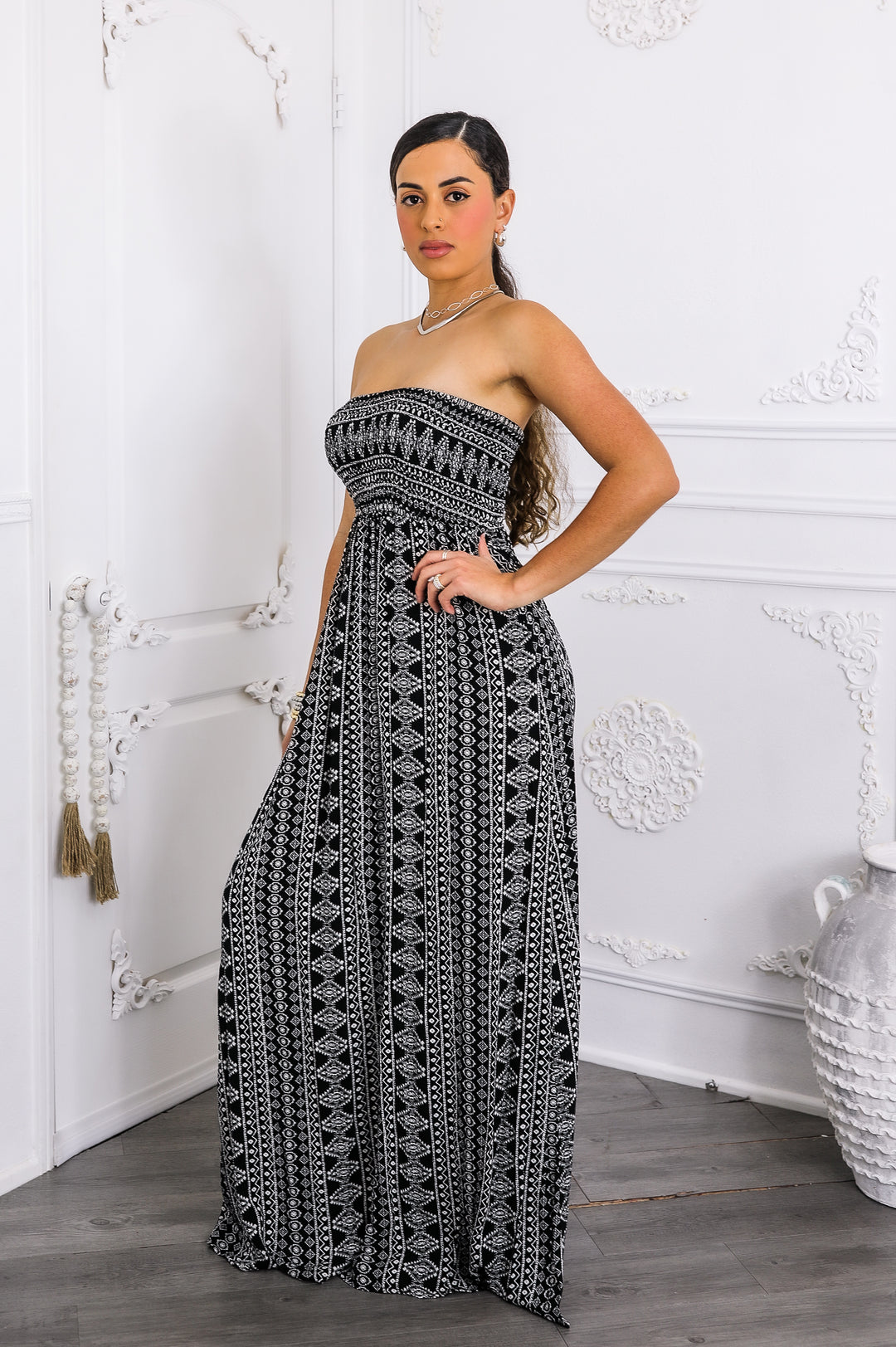 Strapless Tribal Print Maxi Dress – Black & White Flow