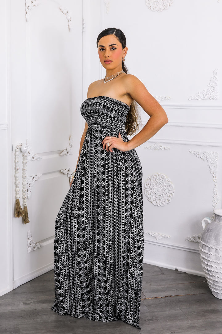 Strapless Tribal Print Maxi Dress – Black & White Flow