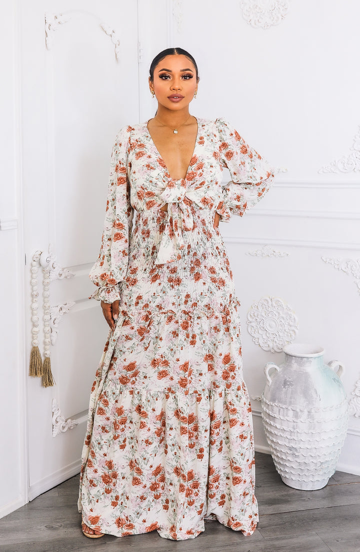 Floral Tie-Front Maxi Dress with Smocked Waist