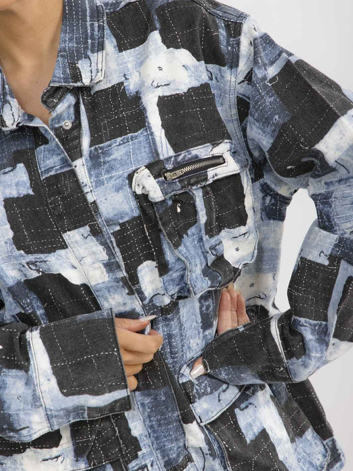 Mosaic Muse Patchwork Print Denim Shacket | Oversized Cargo Jacket