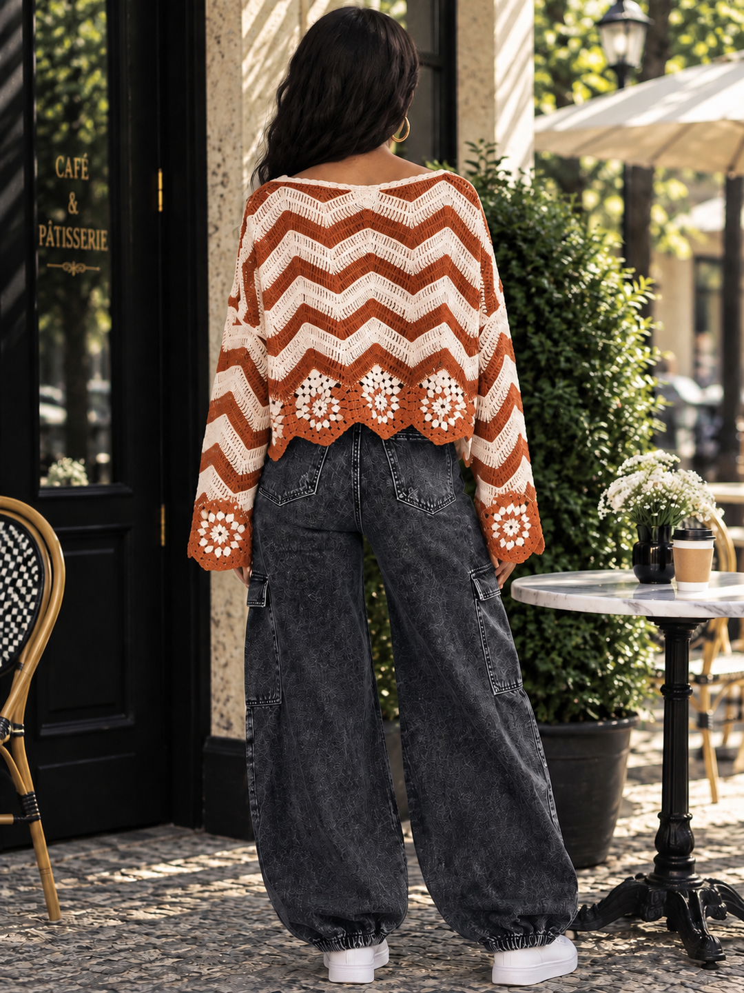 Coachella Crochet Chevron Sweater | Boho Poncho Bell Sleeve Top