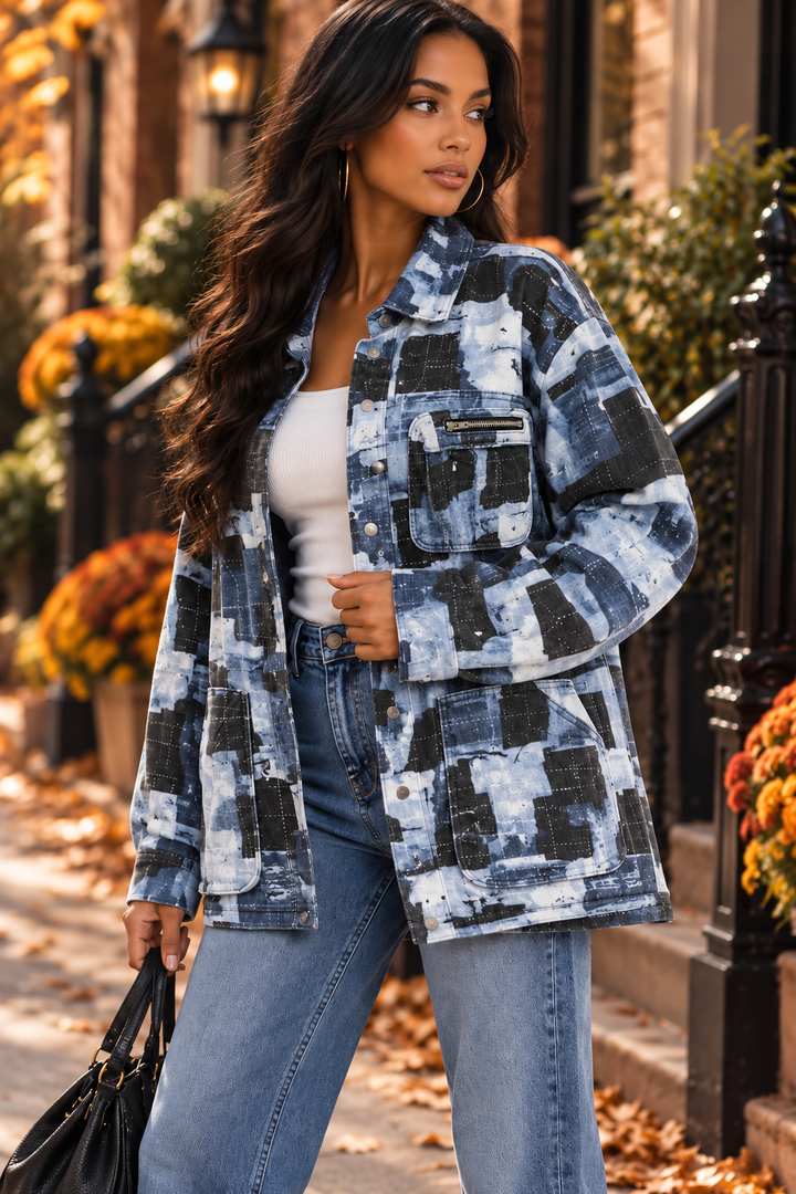 Mosaic Muse Patchwork Print Denim Shacket | Oversized Cargo Jacket