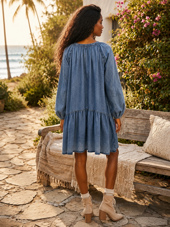 Blue Skies Chambray Tiered Babydoll Dress