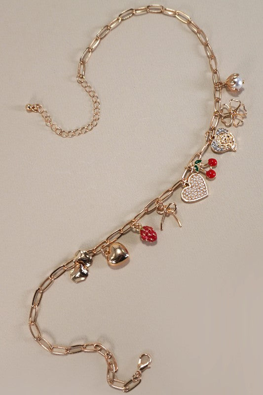 Multi Charm Bow Cherry Heart Necklace