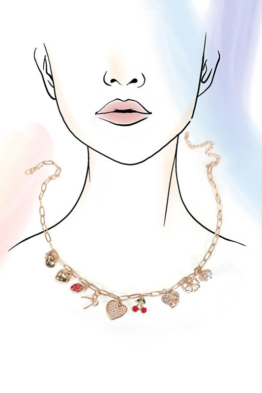 Multi Charm Bow Cherry Heart Necklace