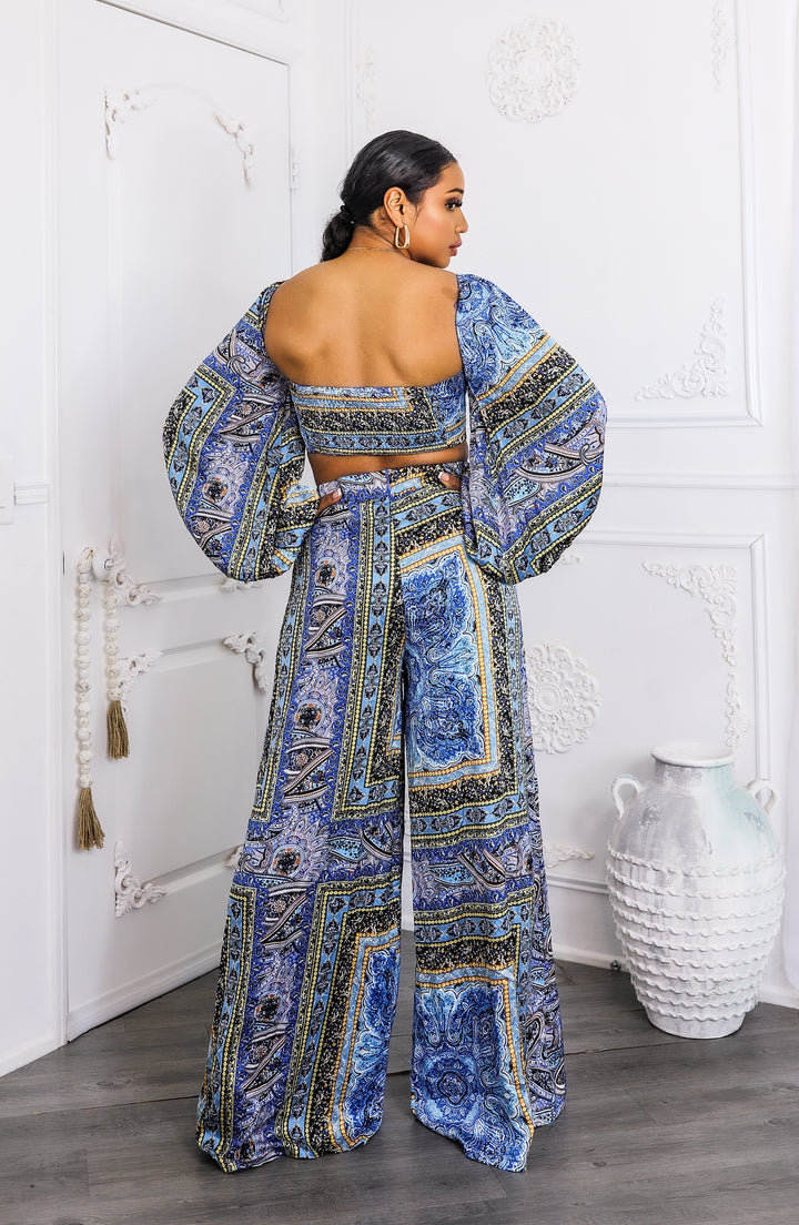 Bold Baroque Print Two-Piece Set – Tie Front Crop & Wide Pants