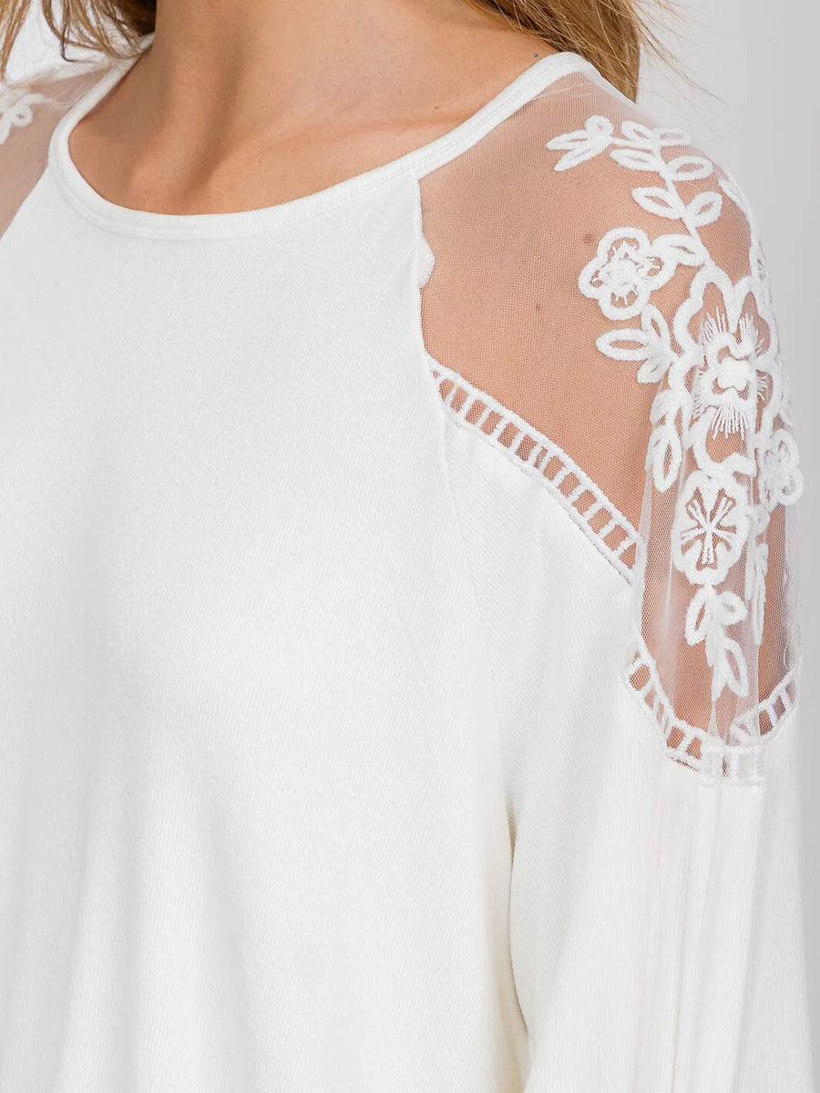 White Lace Sleeve Top with Balloon Sleeves