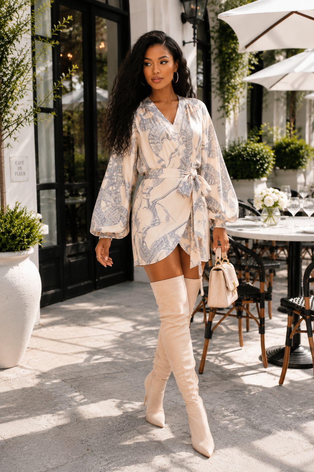 Santorini Escape Printed Wrap Mini Dress