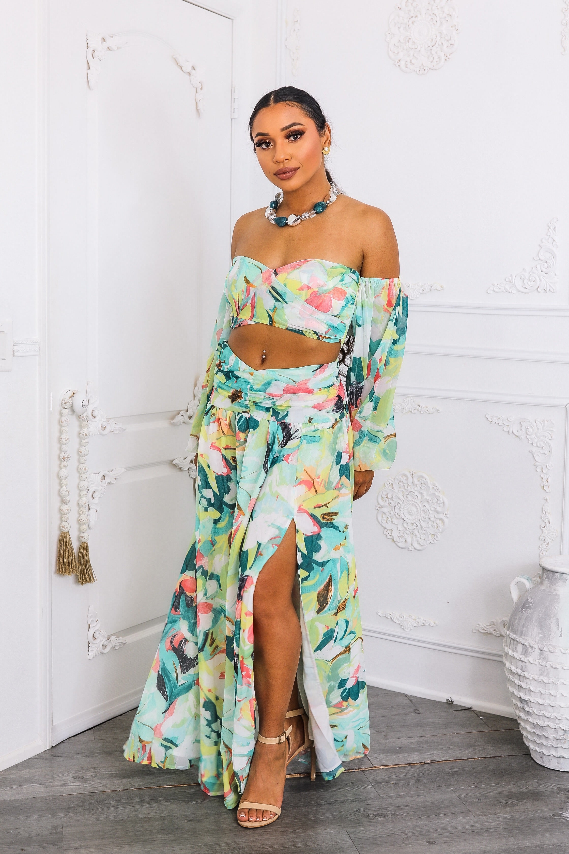Tropical Floral Puff Sleeve Two-Piece Set with Slit Skirt – SURELYMINE