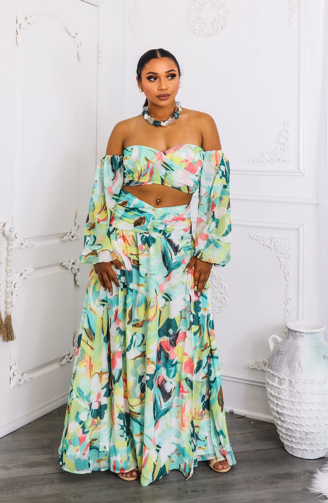long sleeve lace top with floral skirt two piece dress Olivia Long Sleeve Floral Lace Top & Midi Skirt Set