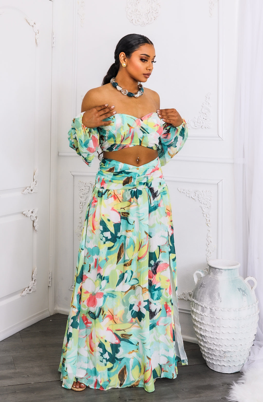 Tropical Floral Puff Sleeve Two-Piece Set with Slit Skirt SURELYMINE Tropical Floral Puff Sleeve Two-Piece Set with Slit Skirt SURELYMINE