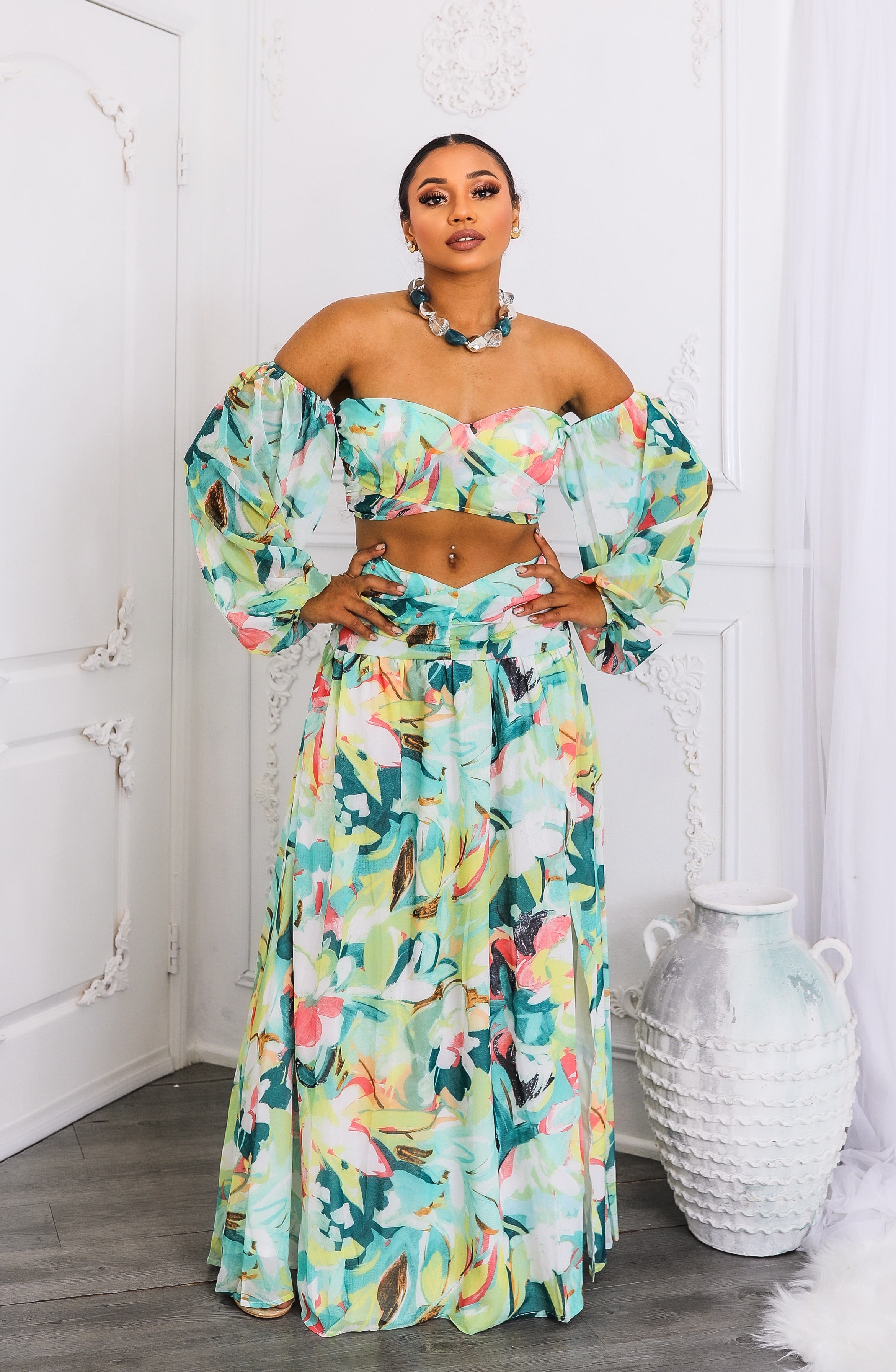 Tropical Floral Puff Sleeve Two-Piece Set with Slit Skirt – SURELYMINE
