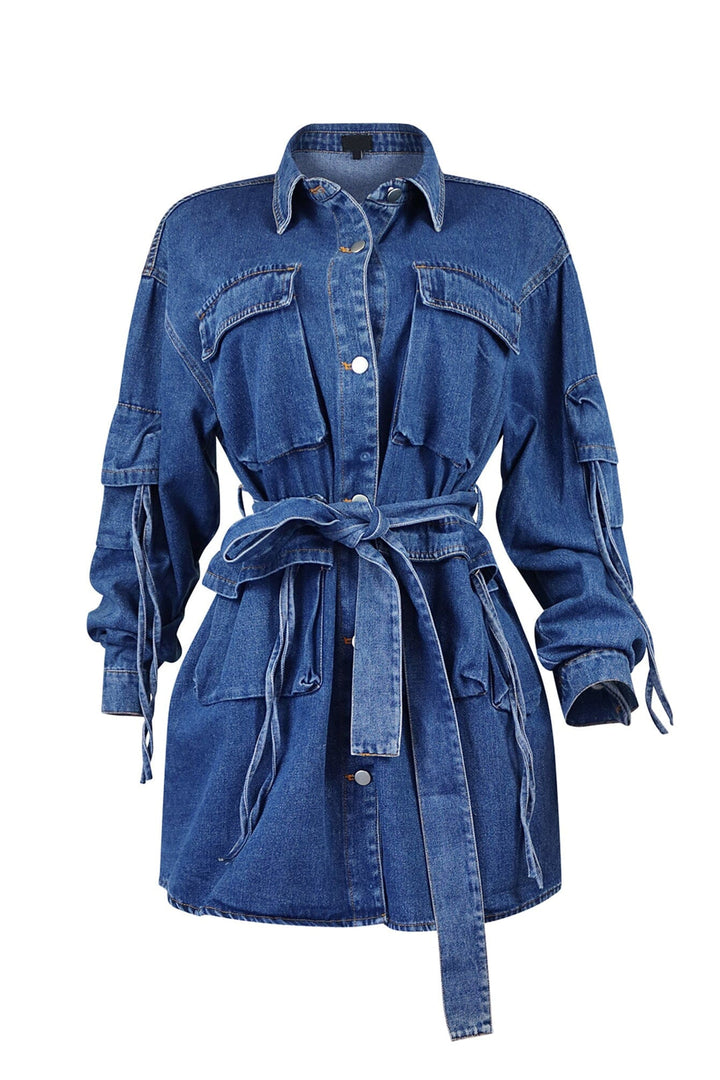 Belted Denim Utility Shirt Dress – Medium Wash