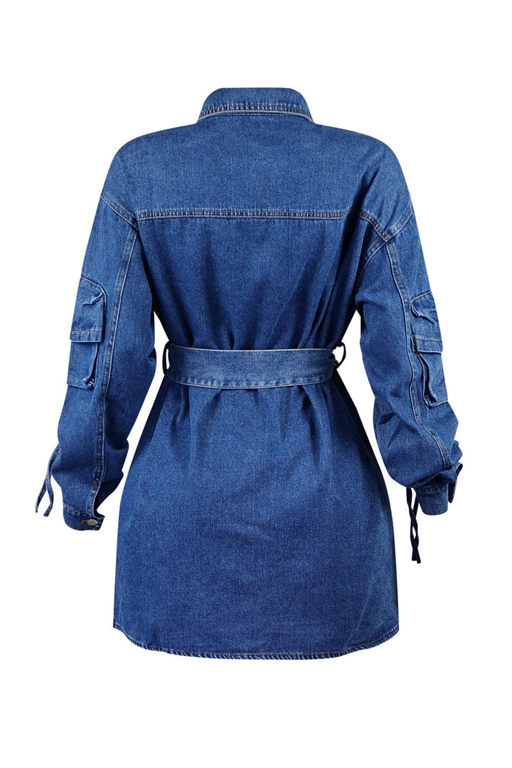 Belted Denim Utility Shirt Dress – Medium Wash