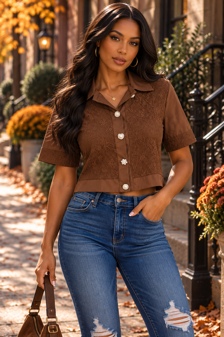 Cropped Button-Up Eyelet Lace Top with Puff Sleeves