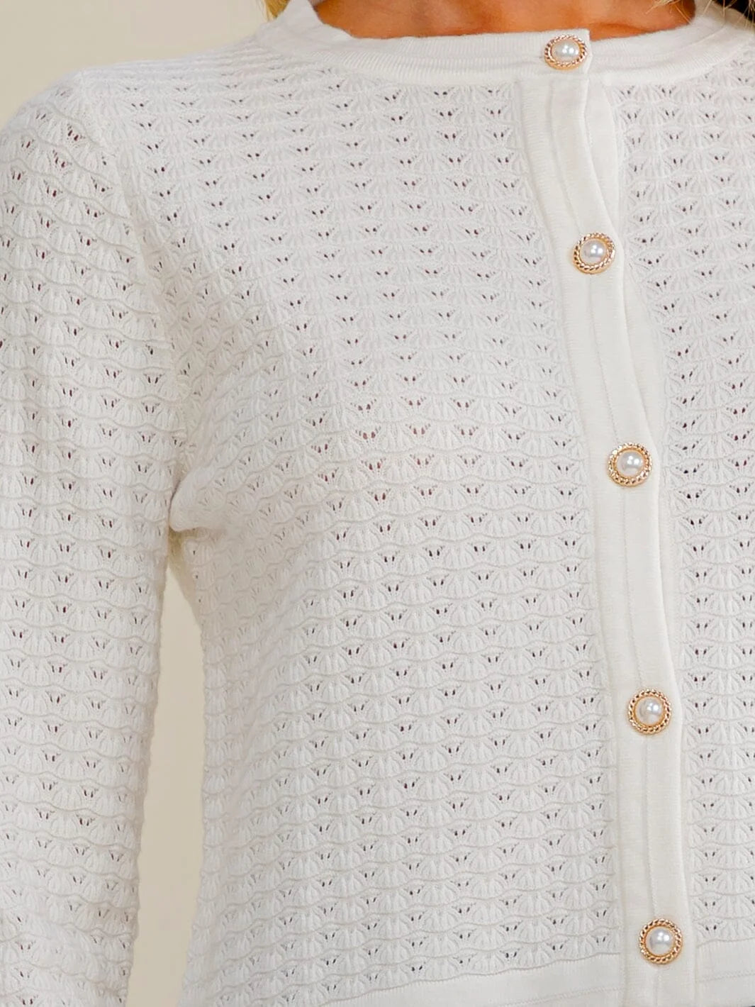 Pearl Button Pointelle Cardigan – Ivory Cropped Knit Sweater