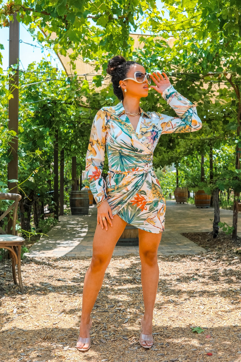 Sage green printed deals long sleeve wrap dress