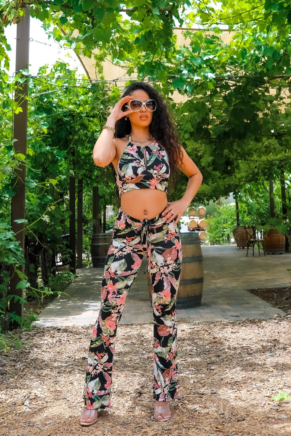 Tropical Cutesy Keyhole Cropped Top With Matching Pants