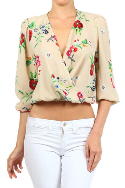 Floral Print Faux Wrap Blouse Taupe - SURELYMINE