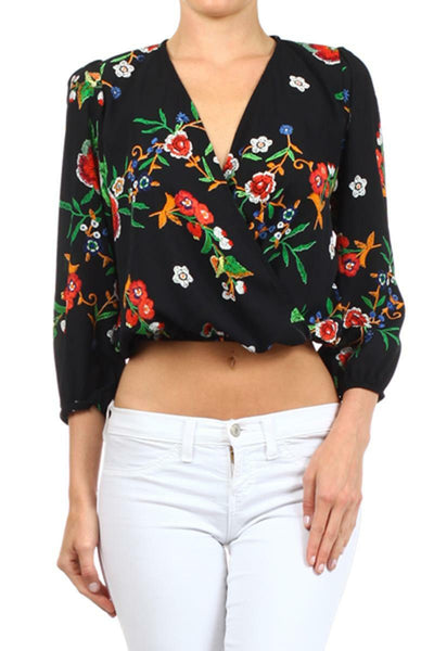 Floral Print Faux Wrap Blouse Black - SURELYMINE